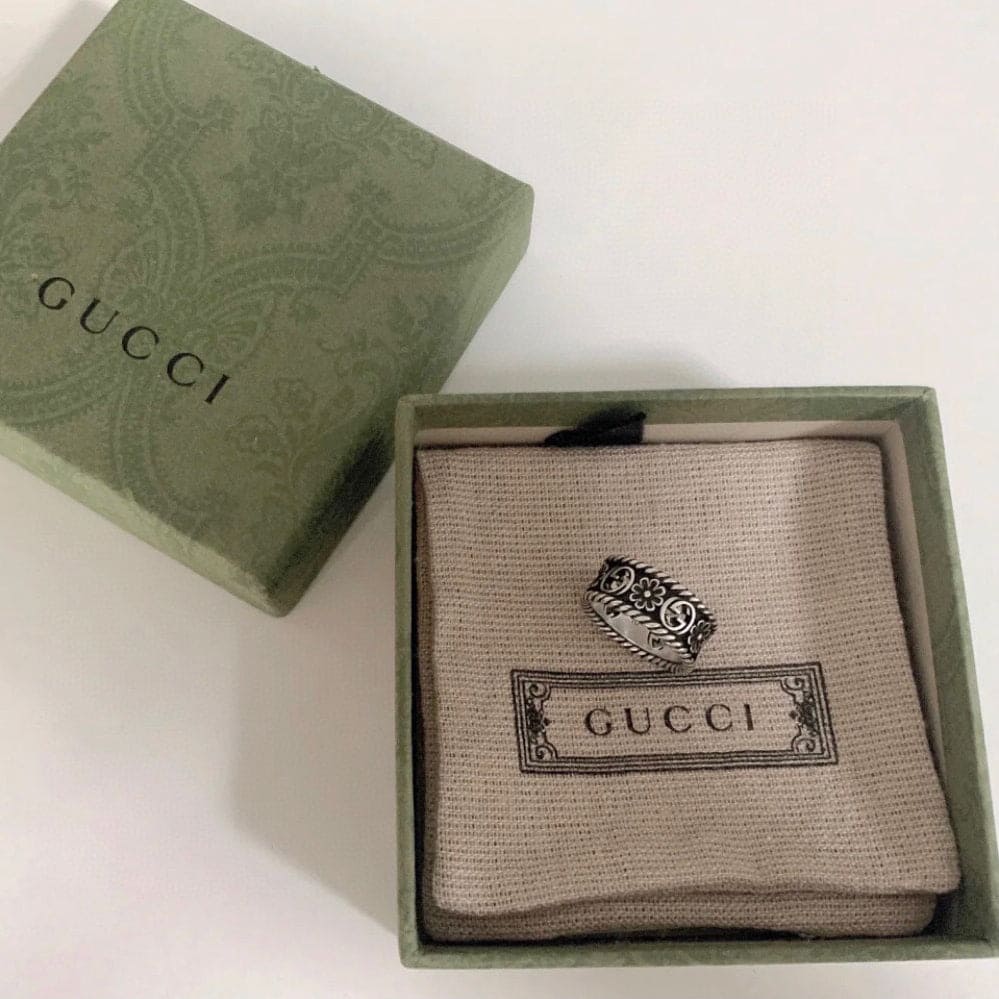 Double Gucci Aged Sterling Silver Interlocking Gucci Flower Ring