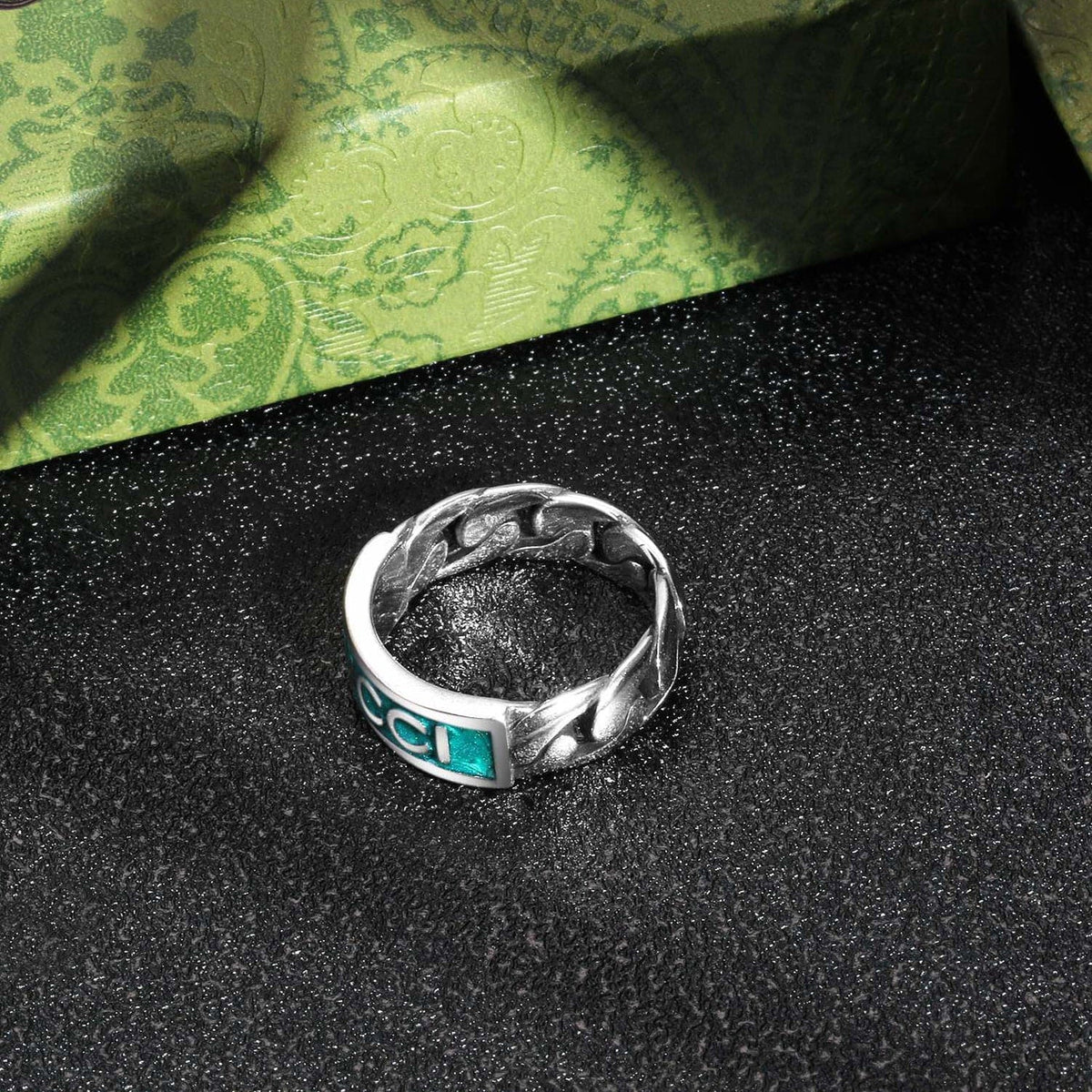 Double Gucci Logo Plaque Chain Ring