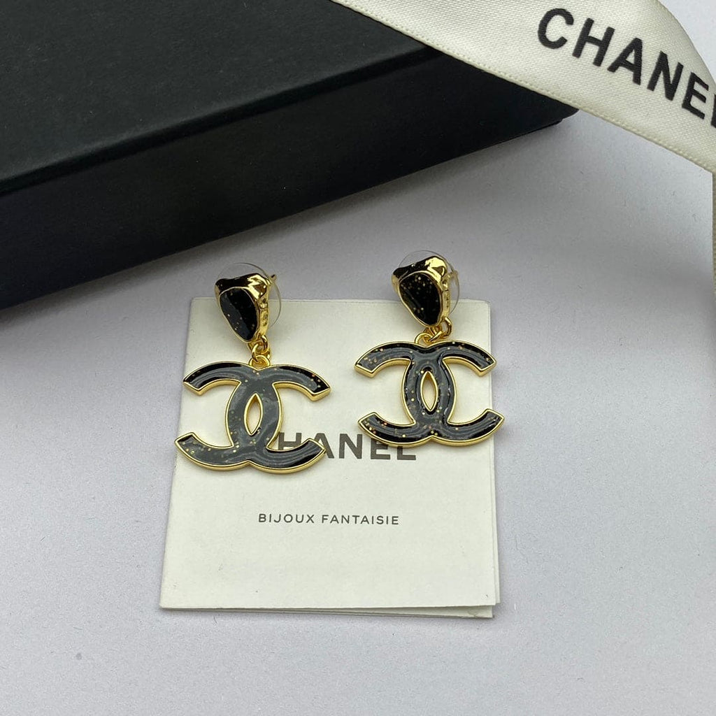 18K  Chanel Classic Black Dangle Earrings