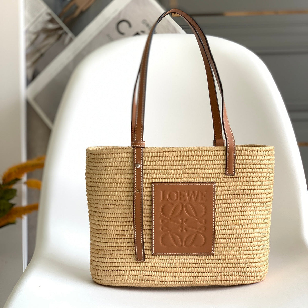 LOEWE 25S BASKET BAG 30 IN NATURAL MIX BROWN RAFFIA CALFSKIN SHOULDER STRAP