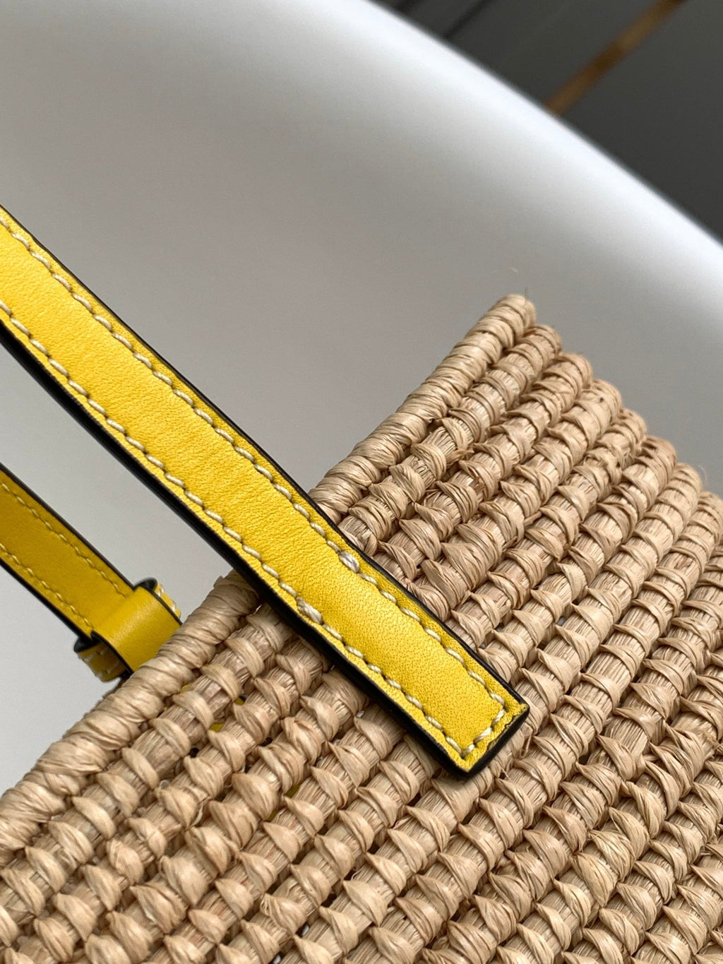 LOEWE 25S BASKET BAG 30 IN NATURAL MIX YELLOW RAFFIA CALFSKIN SHOULDER STRAP