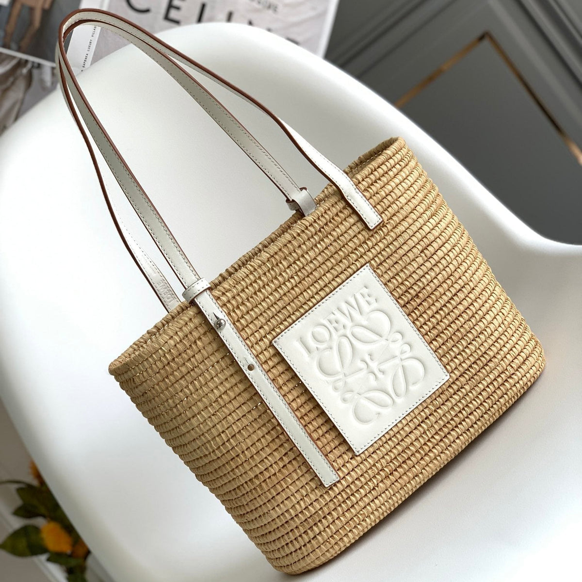 LOEWE 25S BASKET BAG 30 IN NATURAL MIX WHITE RAFFIA CALFSKIN SHOULDER STRAP
