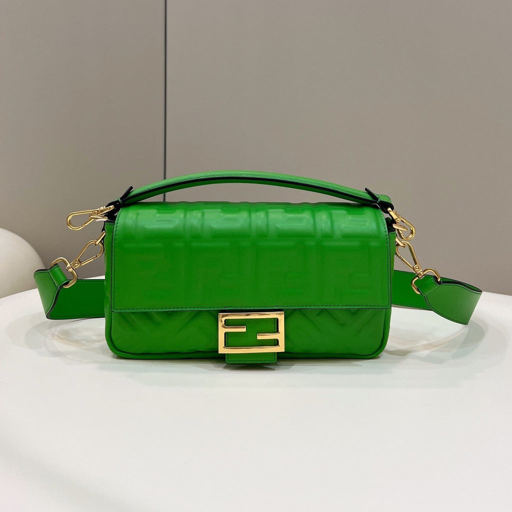 BAGUETTE WITH FF MOTIF 27 IN EMERALD GREEN SOFT LAMBSKIN GOLD HARDWARE