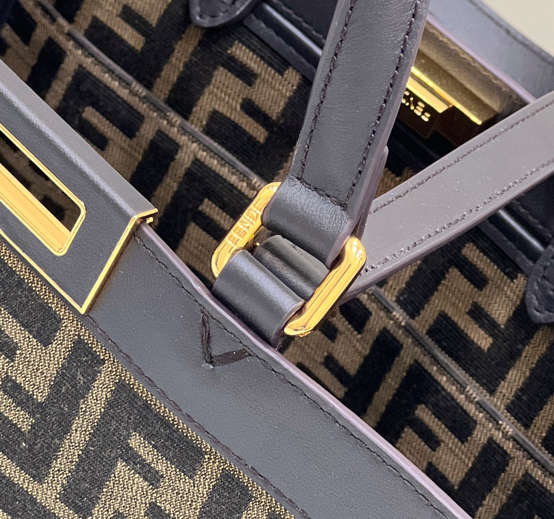 FENDI TOTE 41 BAG IN BROWN MIX BLACK MONOGRAM CANVAS GOLD HARDWARE
