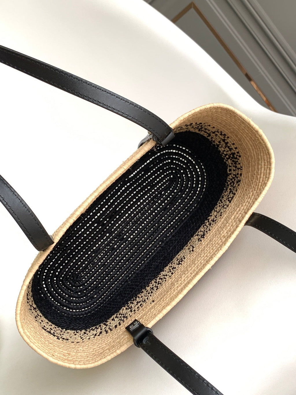 LOEWE 25S BASKET BAG 30 IN NATURAL MIX BLACK RAFFIA CALFSKIN SHOULDER STRAP