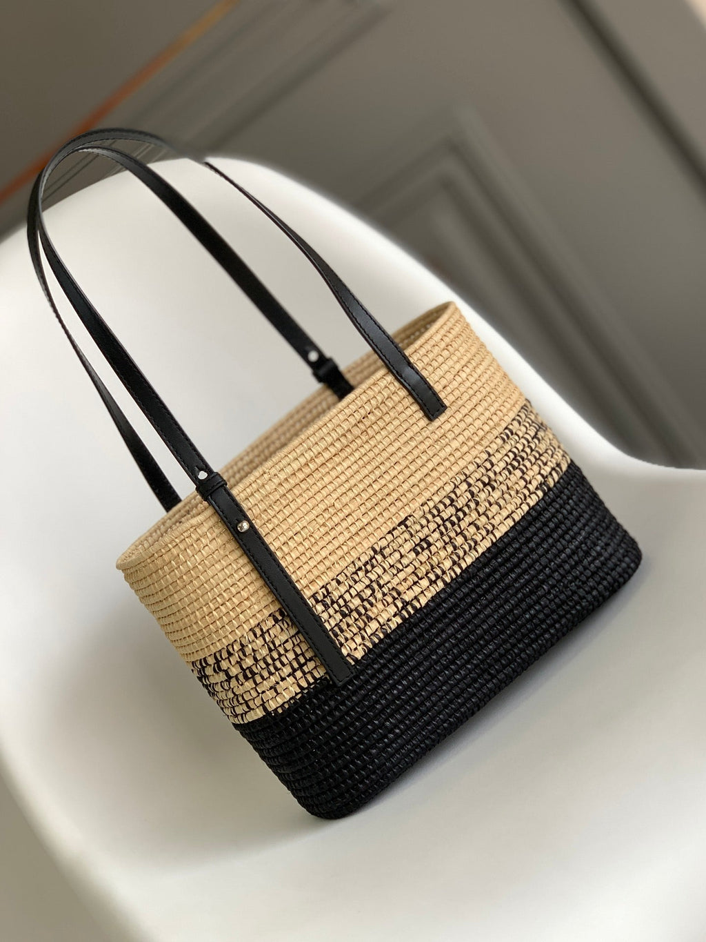 LOEWE 25S BASKET BAG 30 IN NATURAL MIX BLACK RAFFIA CALFSKIN SHOULDER STRAP