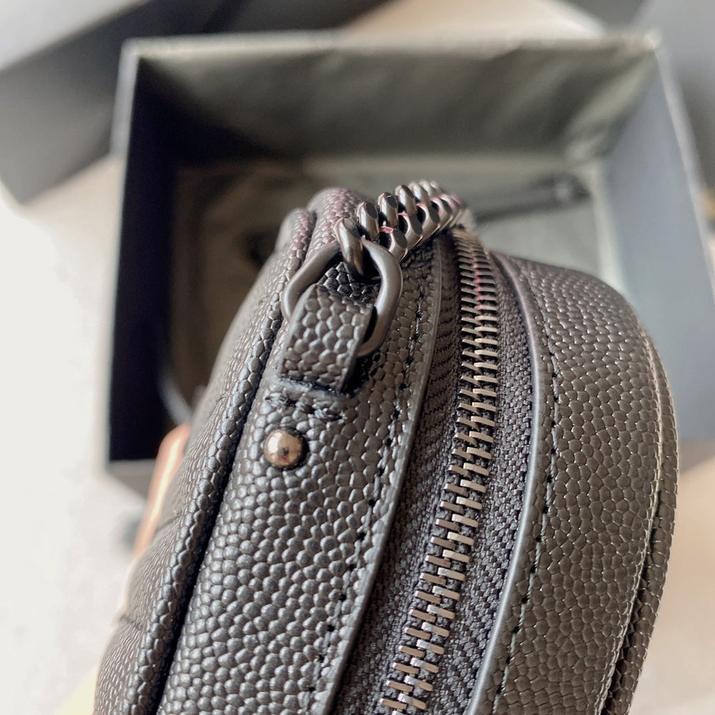 LOU MINI CAMERA BAG 19 IN BLACK CAVIAR PATTERN CALFSKIN BLACK HARDWARE