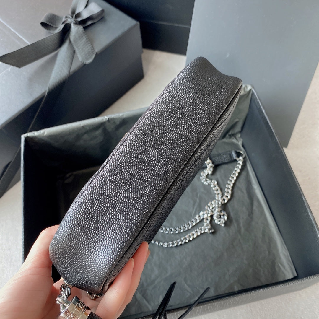 LOU MINI CAMERA BAG 19 IN BLACK CAVIAR PATTERN CALFSKIN SILVER HARDWARE