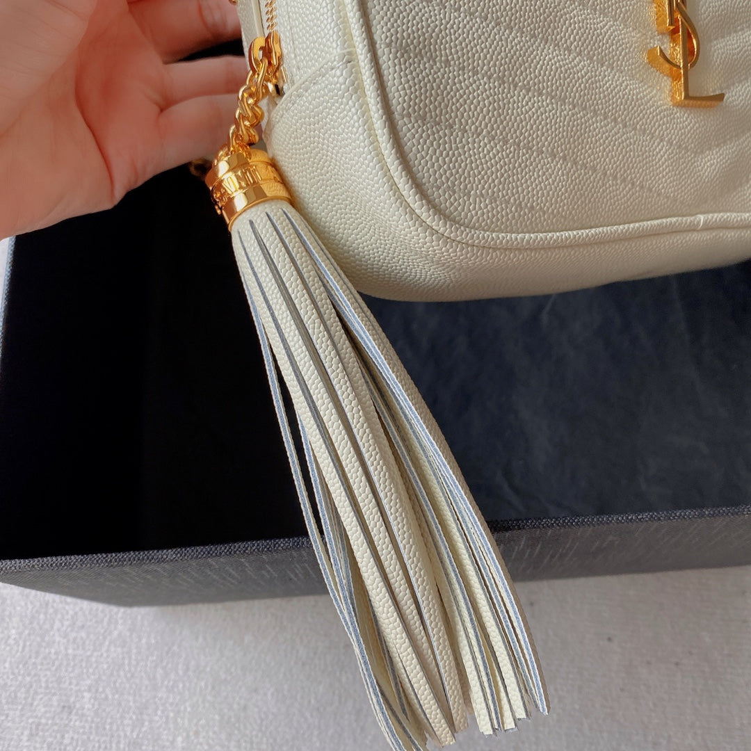 LOU MINI CAMERA BAG 19 IN WHITE CAVIAR PATTERN CALFSKIN GOLD HARDWARE
