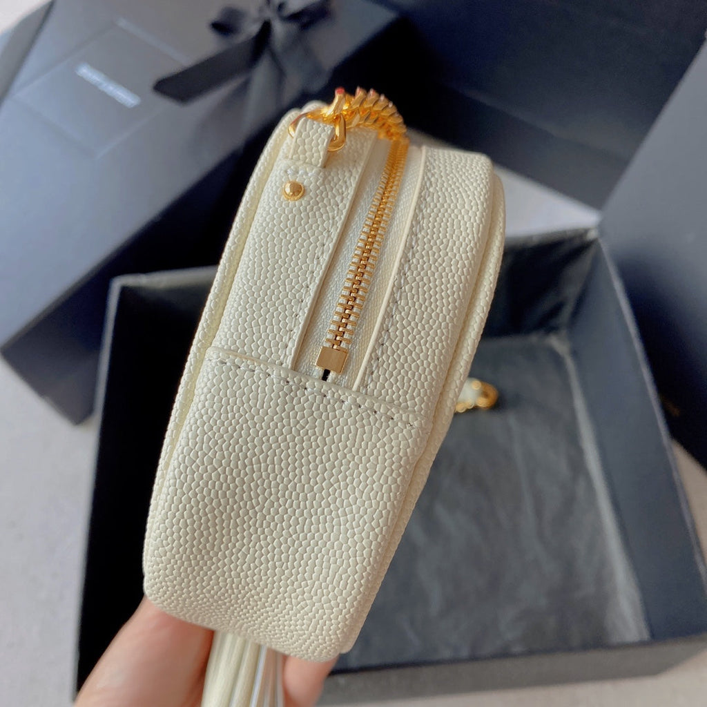 LOU MINI CAMERA BAG 19 IN WHITE CAVIAR PATTERN CALFSKIN GOLD HARDWARE