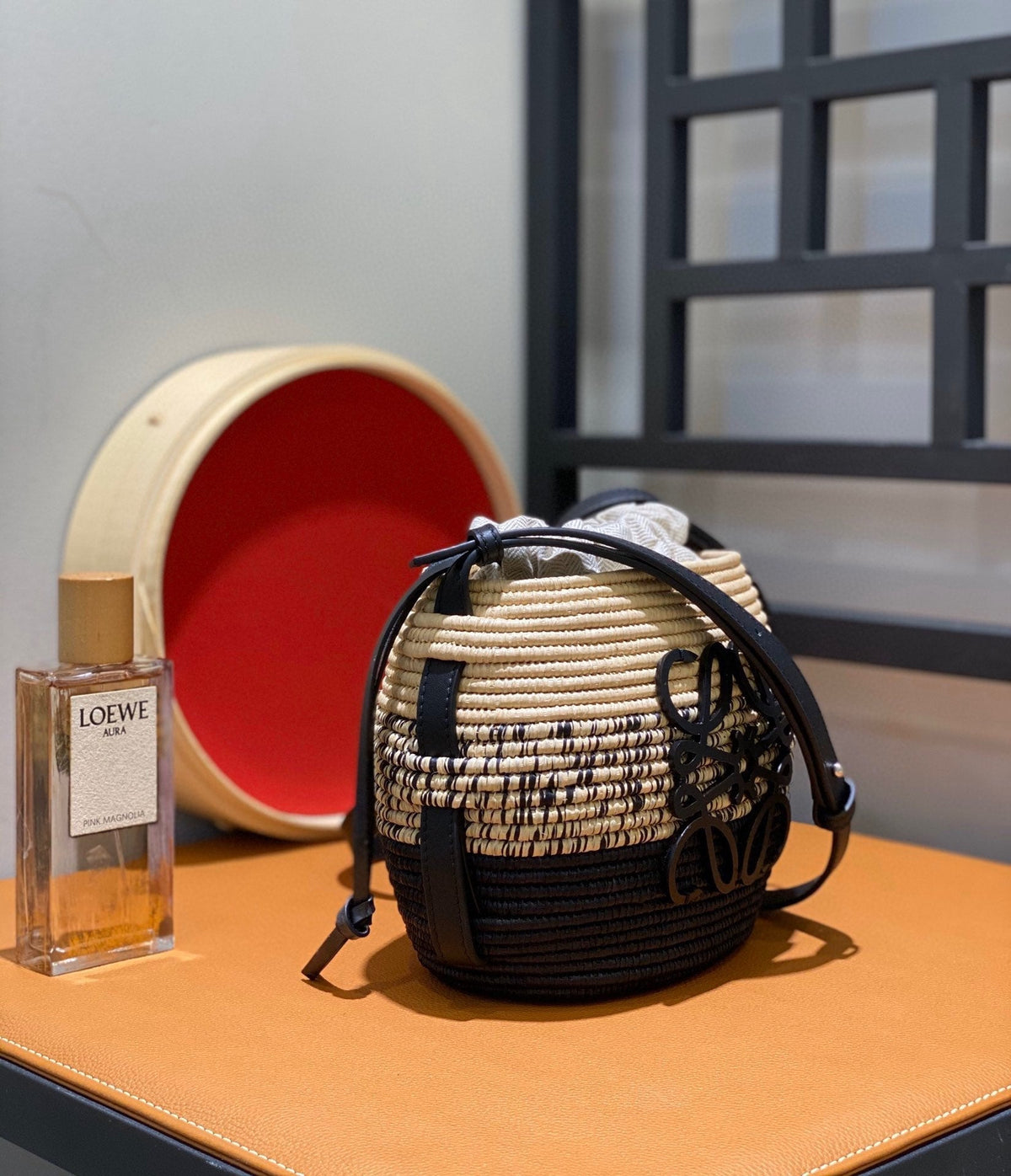LOE 18 ANAGRAM BASKET BAG IN BLACK AND NATURAL RAFFIA