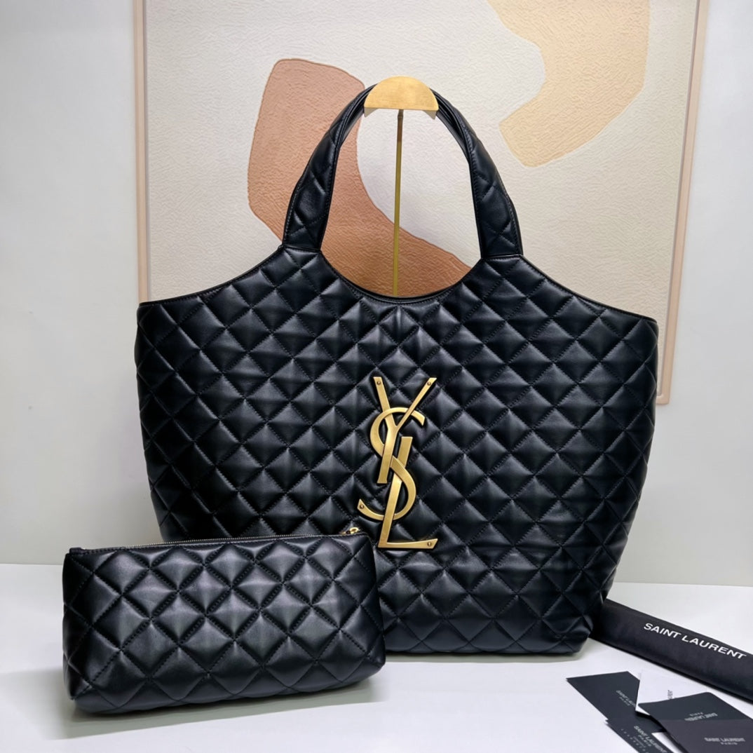 ICARE 58 MAXI SHOPPING BAG IN BLACK LAMBSKIN GOLD-TONE METALLIC