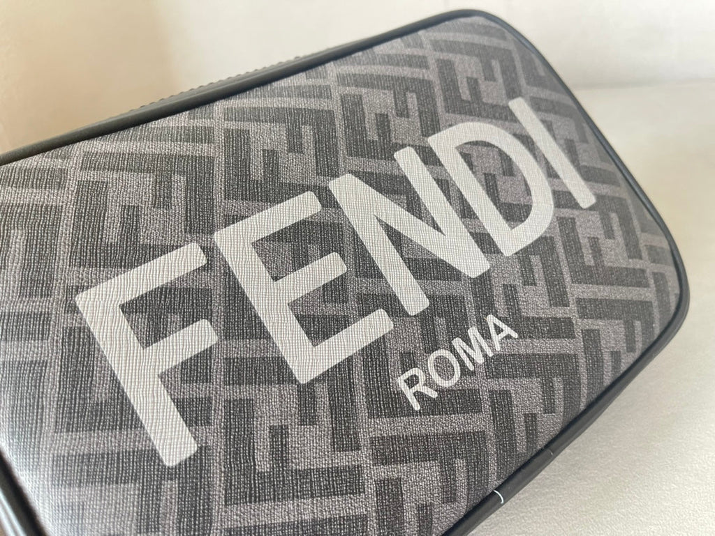 FENDI ROMA 22 CLUTCH BAG IN DARK GREY FF CALFSKIN SILVER HARDWARE WITH WHITE LOGO