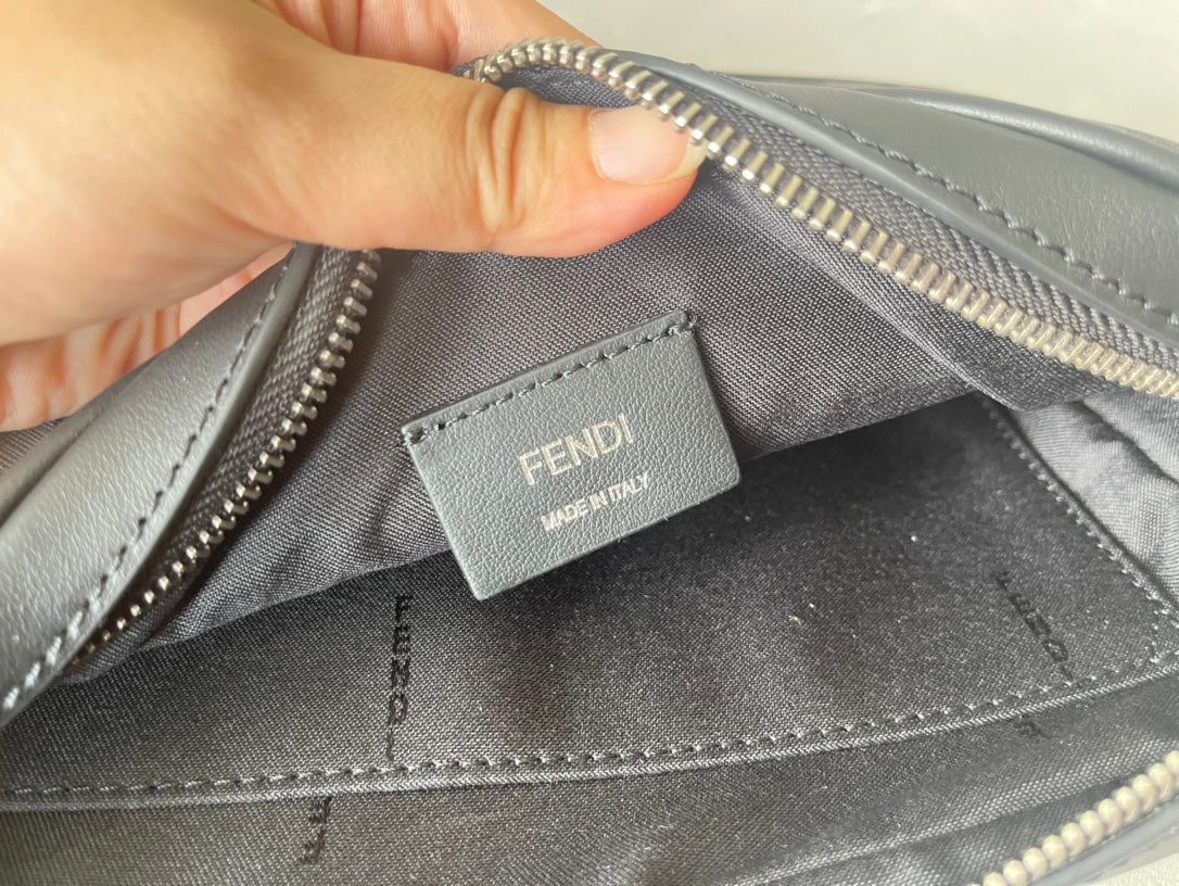 FENDI ROMA 22 CLUTCH BAG IN DARK GREY FF CALFSKIN SILVER HARDWARE WITH WHITE LOGO