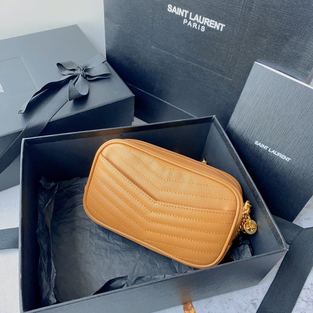 LOU MINI CAMERA BAG 19 IN MANGO ORANGE CAVIAR PATTERN CALFSKIN GOLD HARDWARE