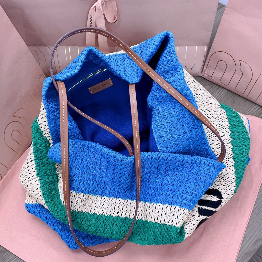 TOTE BAG 40 IN STRIPED PATTERN OF BLUE GREEN AND CREAM WHITE WOVEN RAFFIA