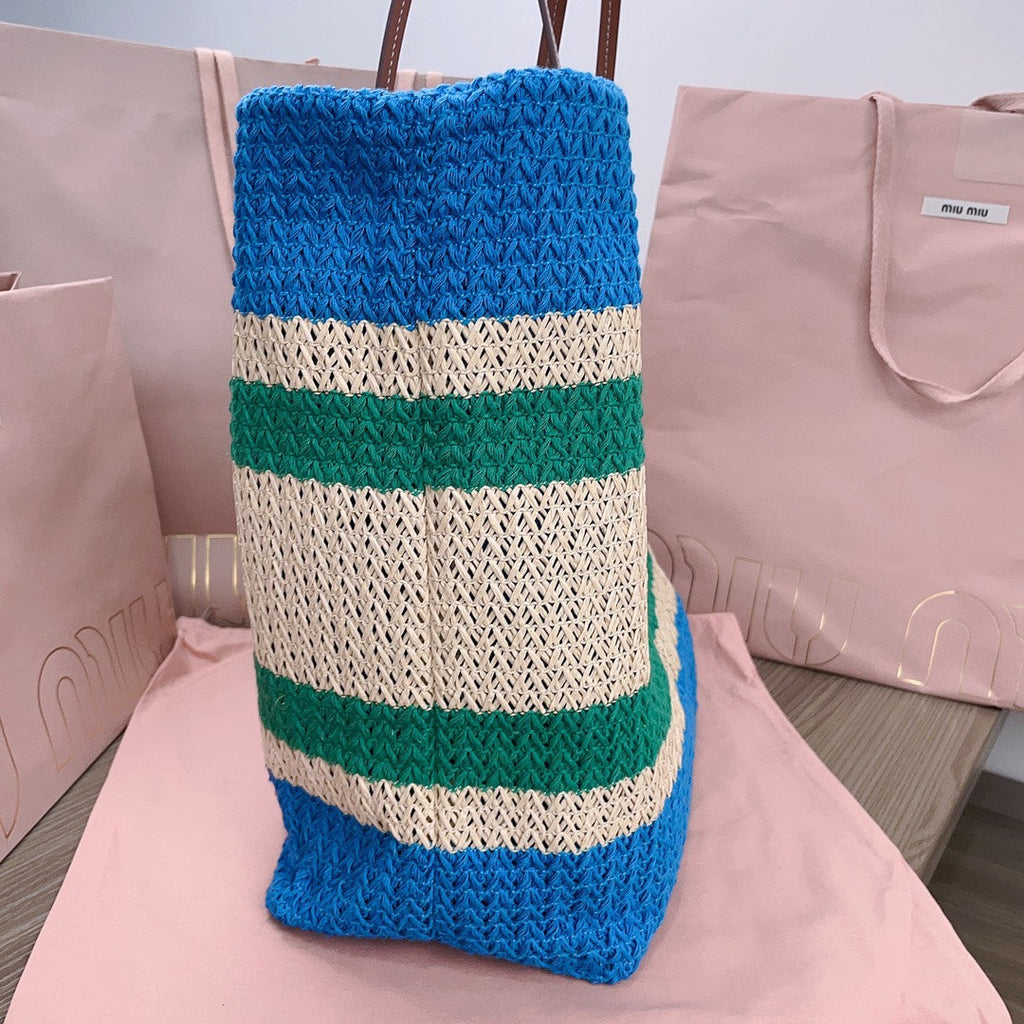TOTE BAG 40 IN STRIPED PATTERN OF BLUE GREEN AND CREAM WHITE WOVEN RAFFIA