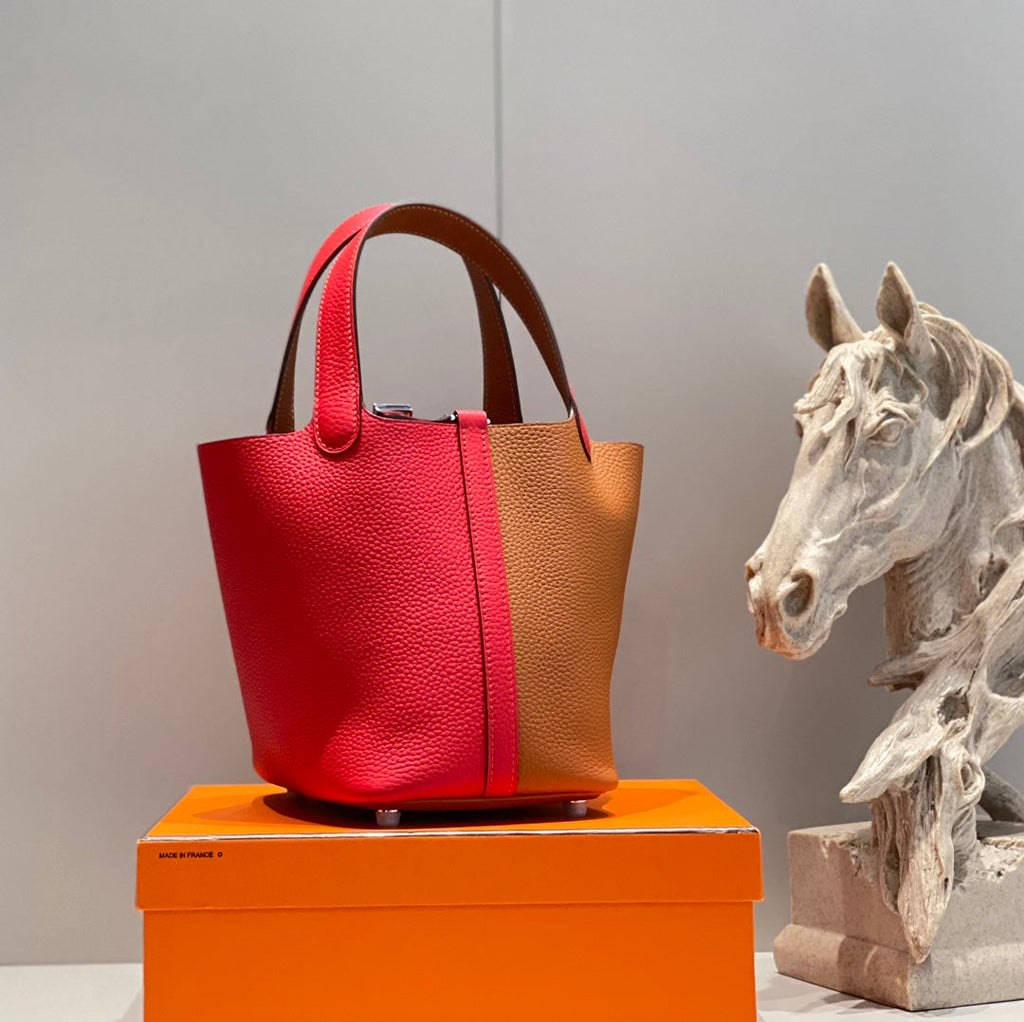 HERMES 25S PICOTIN LOCK 18 IN GOLDEN BROWN AND RED CALFSKIN SILVER HARDWARE