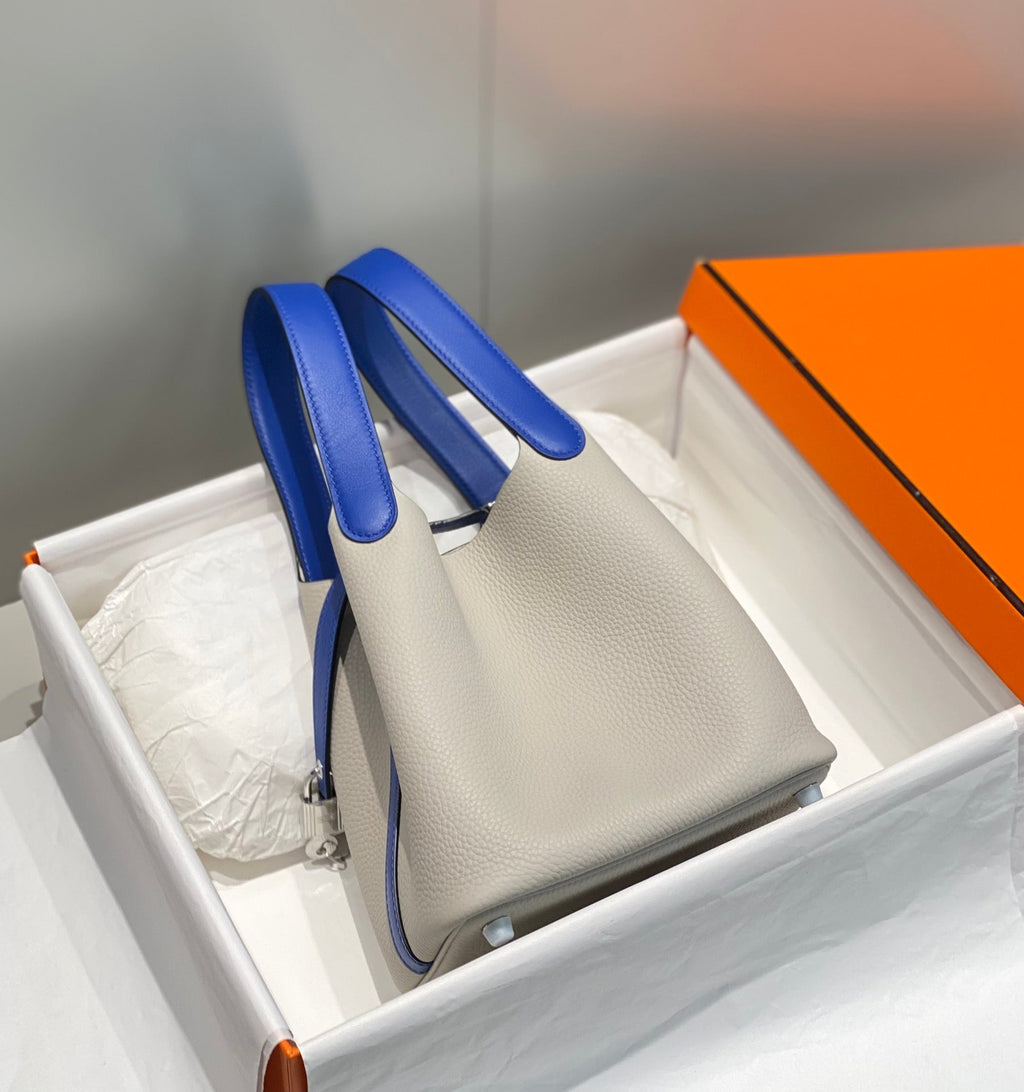 HERMES 25S PICOTIN LOCK 18 IN PEARL GRAY AND ELECTRIC BLUE CALFSKIN SILVER HARDWARE