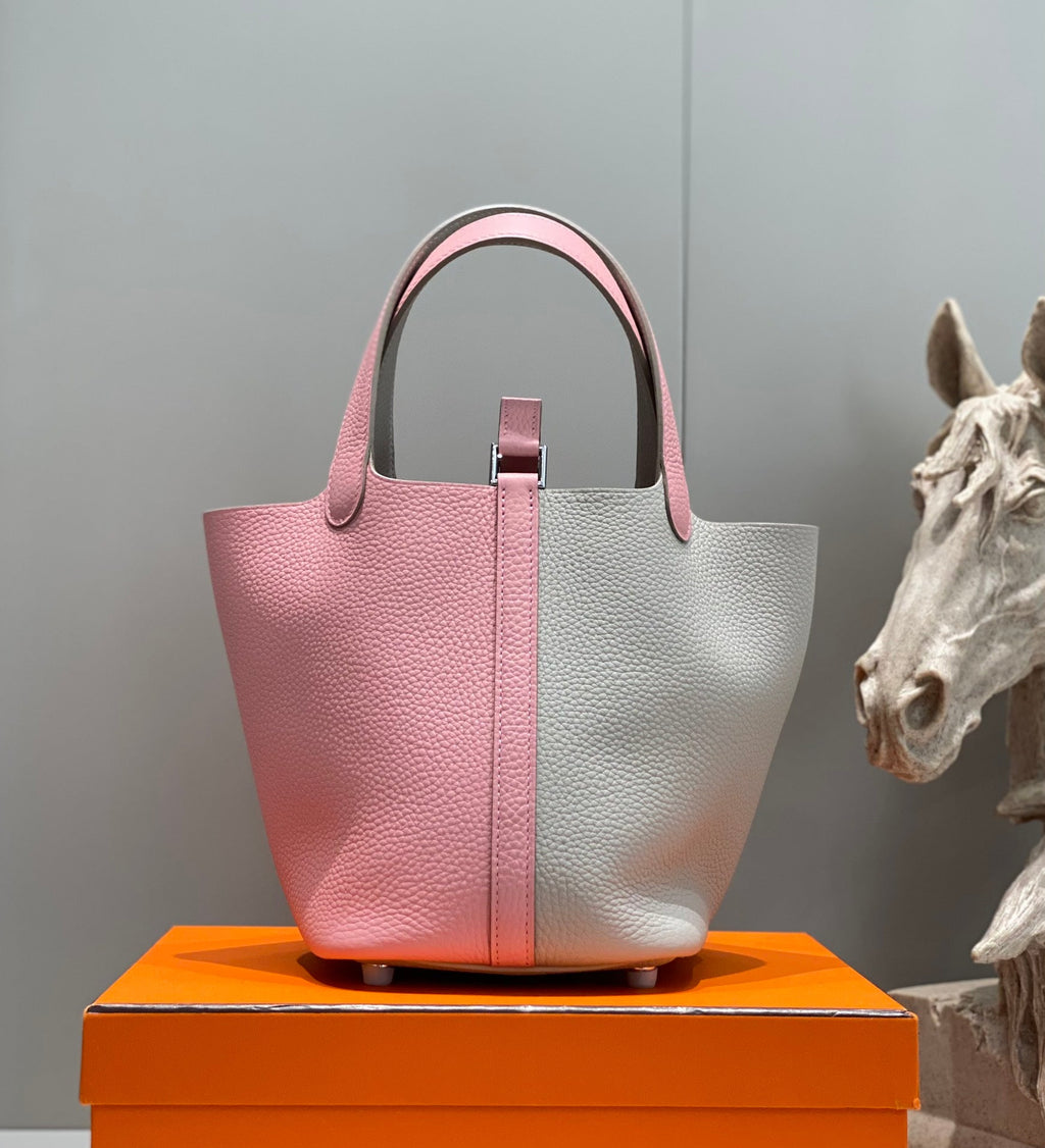 HERMES 25S PICOTIN LOCK 18 IN PINK AND LIGHT GRAY CALFSKIN SILVER HARDWARE