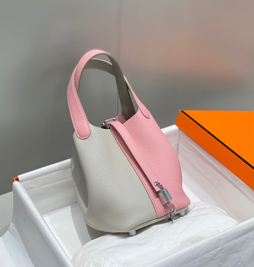 HERMES 25S PICOTIN LOCK 18 IN PINK AND LIGHT GRAY CALFSKIN SILVER HARDWARE