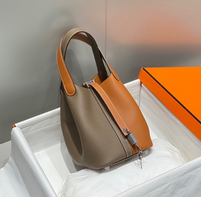 HERMES 25S PICOTIN LOCK 18 IN BROWN AND ORANGE COMBINATION CALFSKIN SILVER HARDWARE