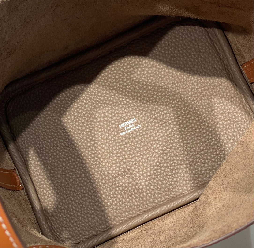 HERMES 25S PICOTIN LOCK 18 IN BURNT ORANGE AND BROWN CALFSKIN SILVER HARDWARE