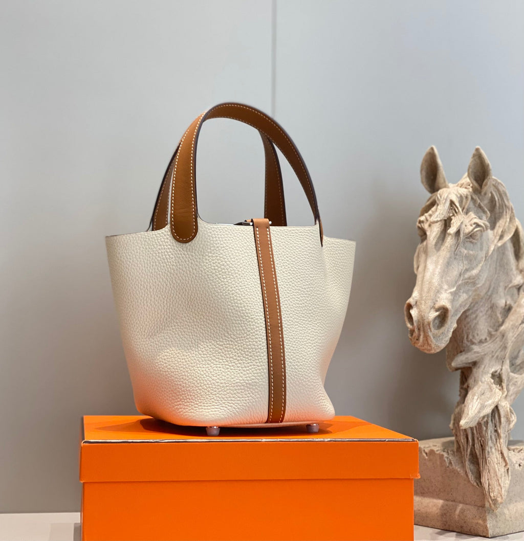 HERMES 25S PICOTIN LOCK 18 IN BURNT ORANGE AND IVORY CALFSKIN SILVER HARDWARE