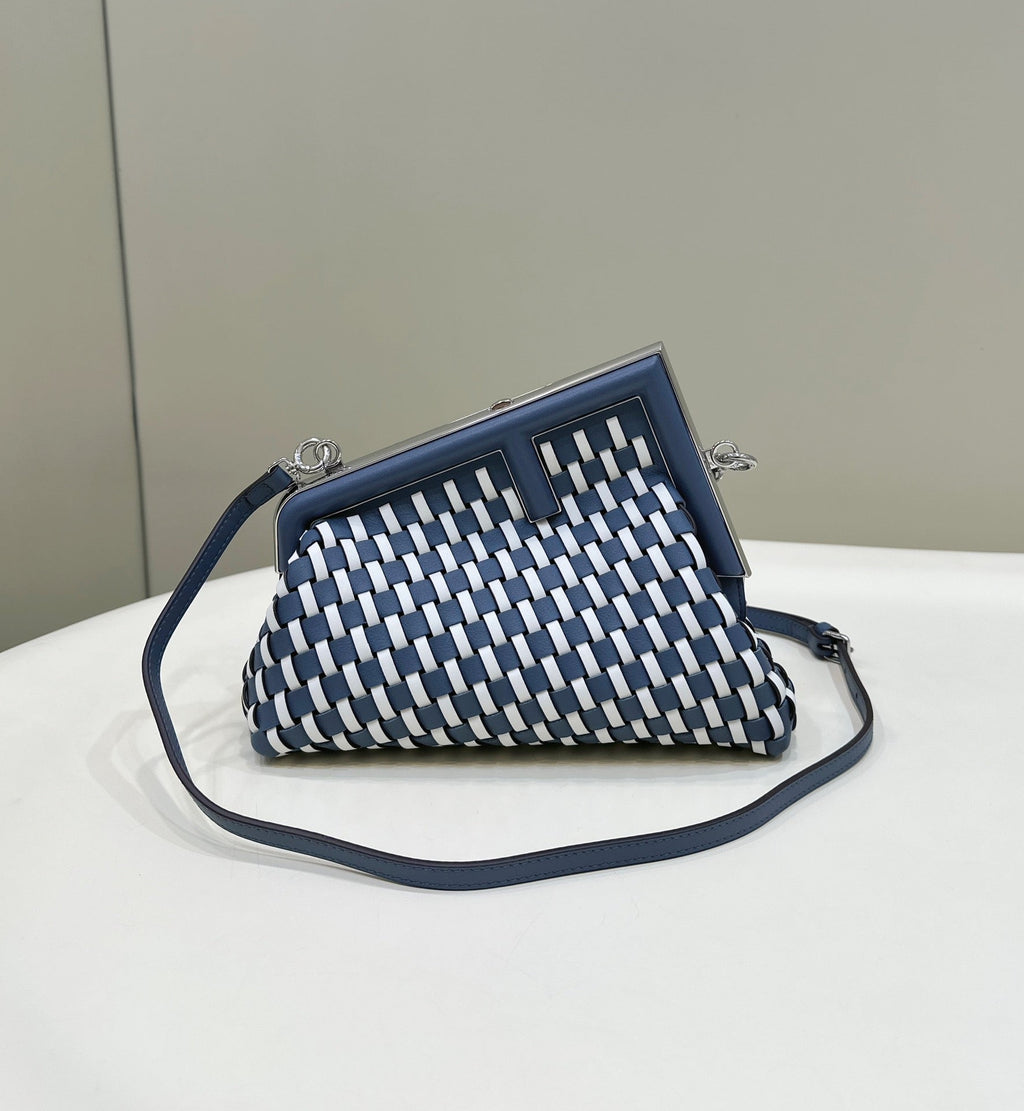 FENDI 26 FIRST SMALL IN MIDNIGHT BLUE MIX WHITE CALFSKIN SILVER HARDWARE