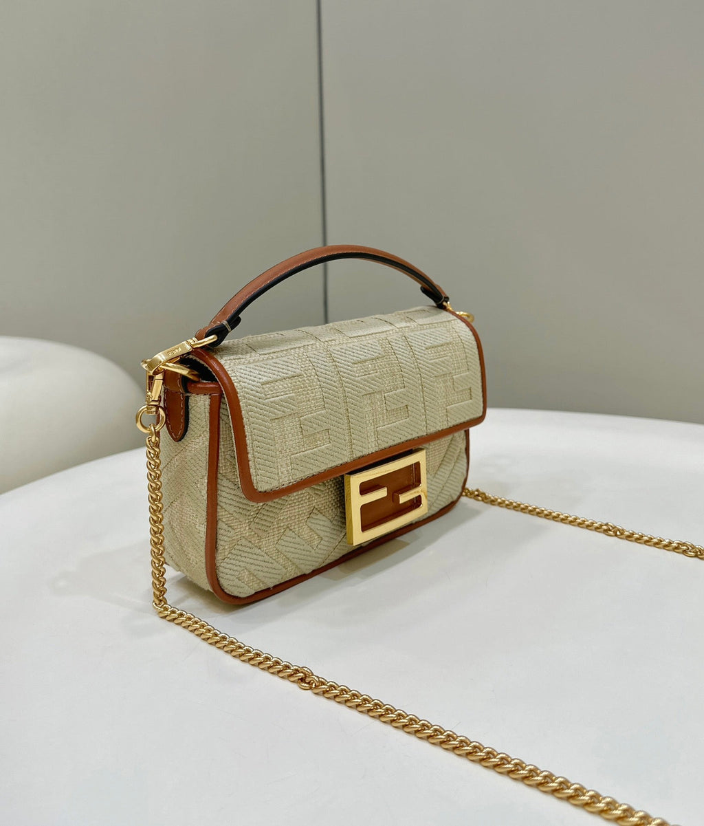 FENDI 19 BAGUETTE BAG IN FLAX YELLOW CANVAS WITH GOLD HARDWARE