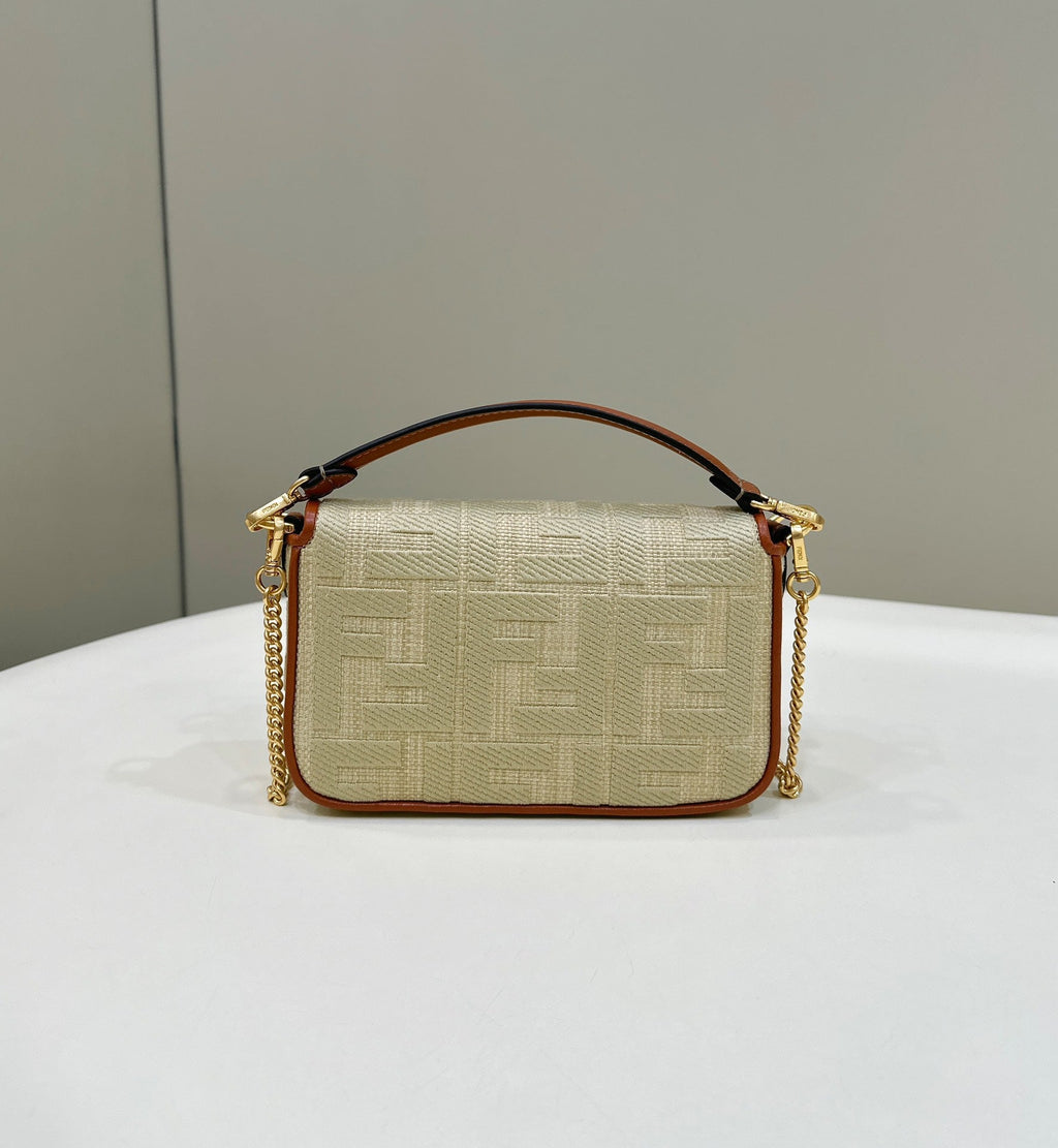 FENDI 19 BAGUETTE BAG IN FLAX YELLOW CANVAS WITH GOLD HARDWARE