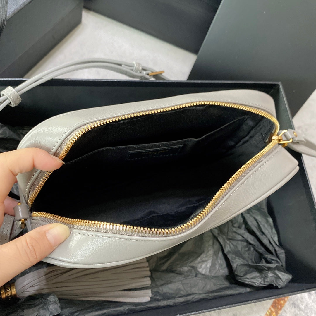 LOU CAMERA BAG 23 IN LIGHT GRAY CALFSKIN GOLD LOGO