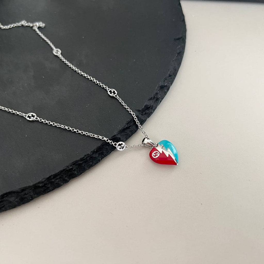 Double Gucci Interlocking Gucci Heart Lightning Charm Necklace