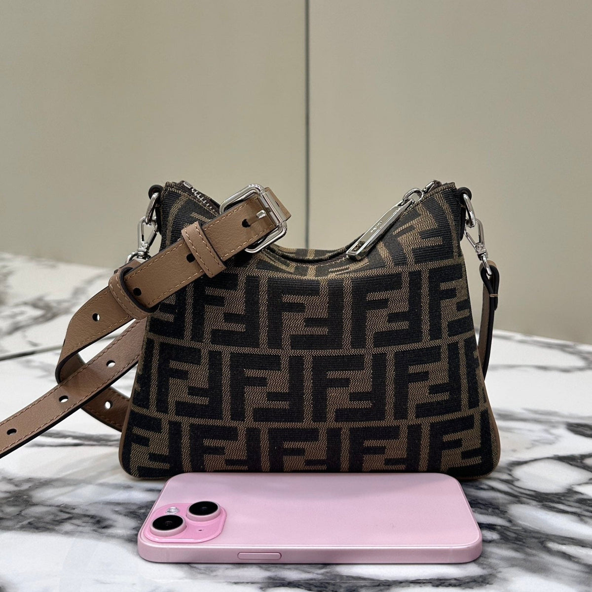 SHOULDER BAG 19 WITH FF MOTIF IN BROWN JACQUARD FABRIC