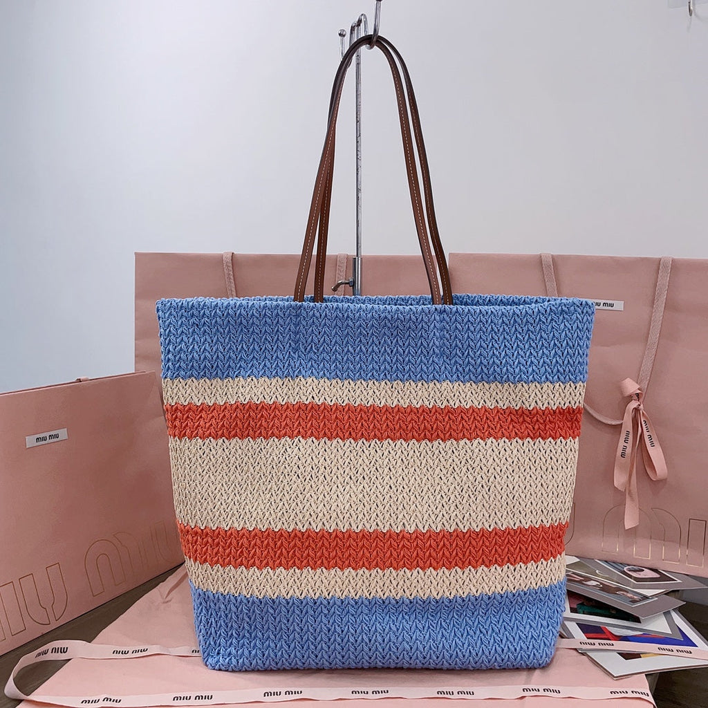 TOTE BAG 40 IN STRIPED PATTERN OF LIGHT BLUE ORANGE AND CREAM WHITE WOVEN RAFFIA
