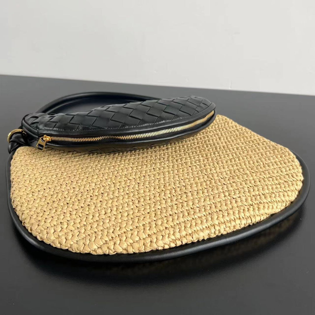 GEMELLI SHOULDER BAG 36 IN BEIGE RAFFIA AND BLACK LAMBSKIN