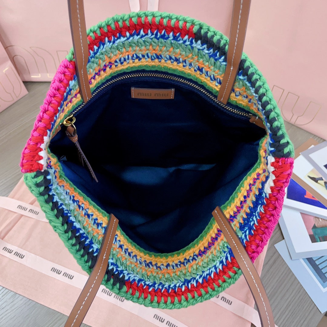 CROCHET TOTE BAG 38 IN MULTICOLORED WOVEN RAFFIA