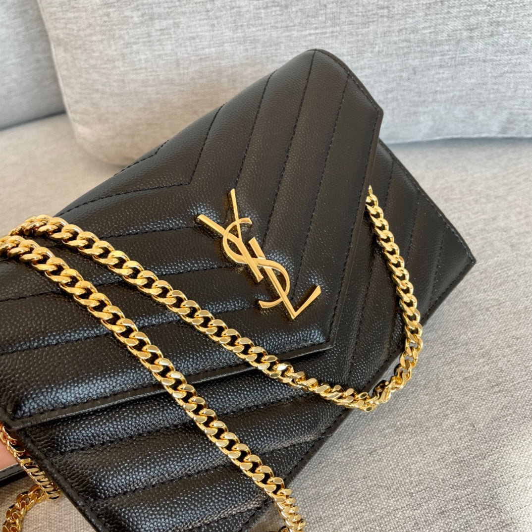 YSL Cassandre Envelope Chain Wallet Black Grain Leather Golden Hardware 19 cm