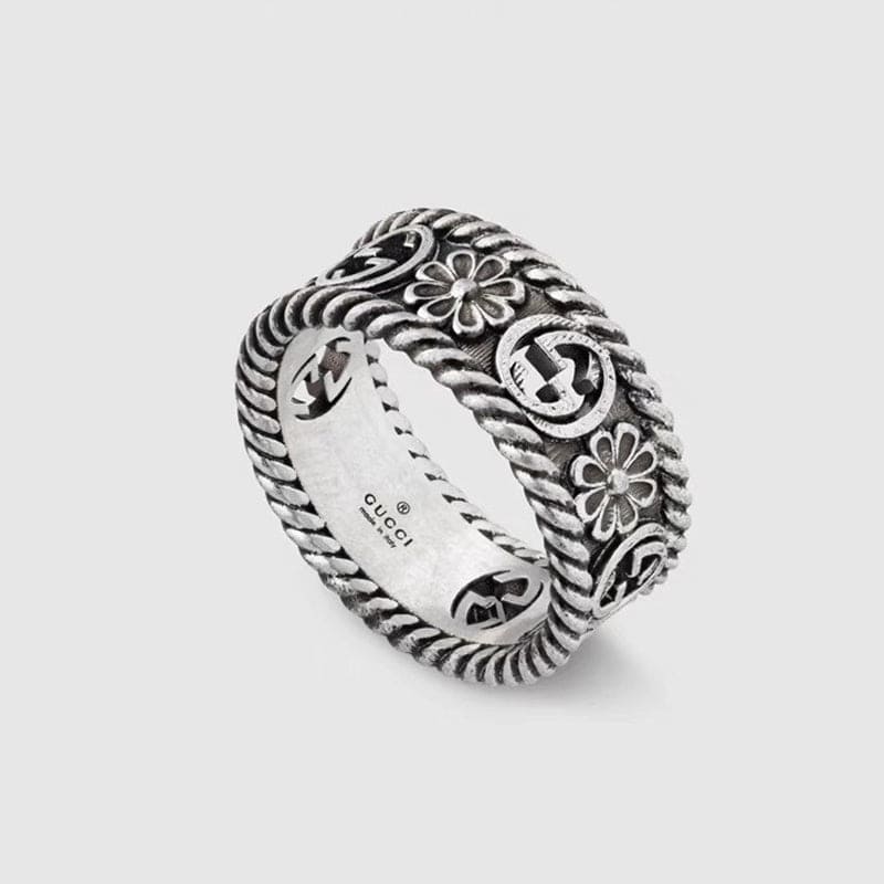 Double Gucci Aged Sterling Silver Interlocking Gucci Flower Ring