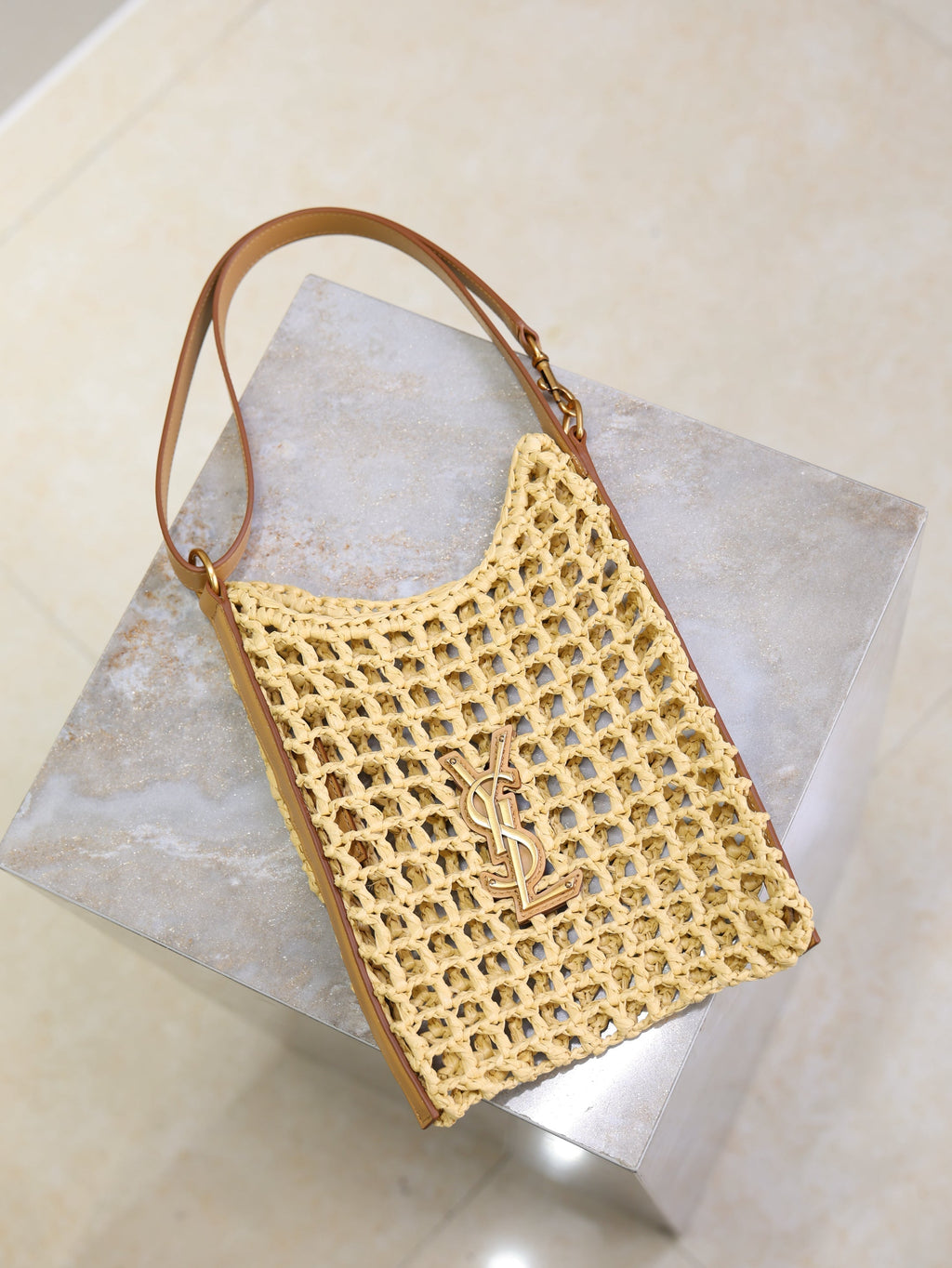 OXALIS 25  IN RAFFIA CROCHET AND LEATHER VINTAGE BROWN