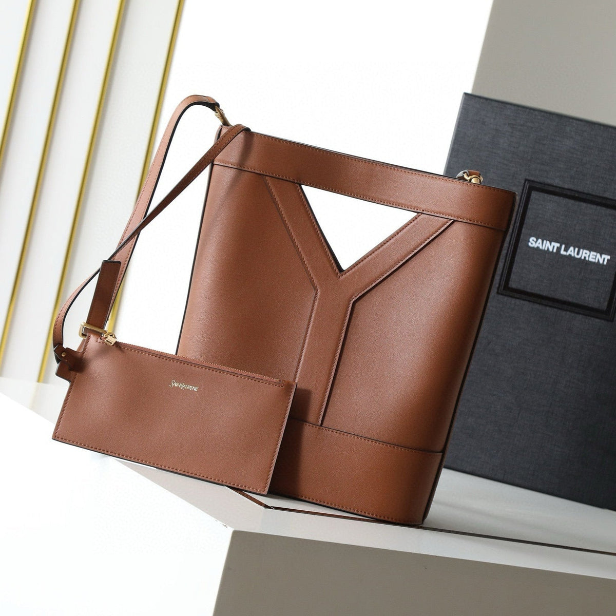 YSL Y BUCKET BAG 30 IN BROWN CALFSKIN