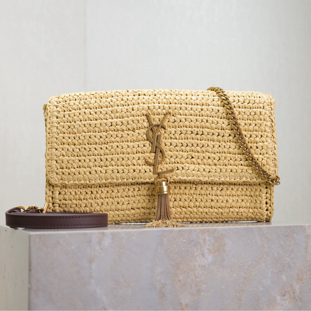 YSL KATE BAG CROSSBODY 26 IN BEIGE WOVEN RAFFIA GOLD HARDWARE