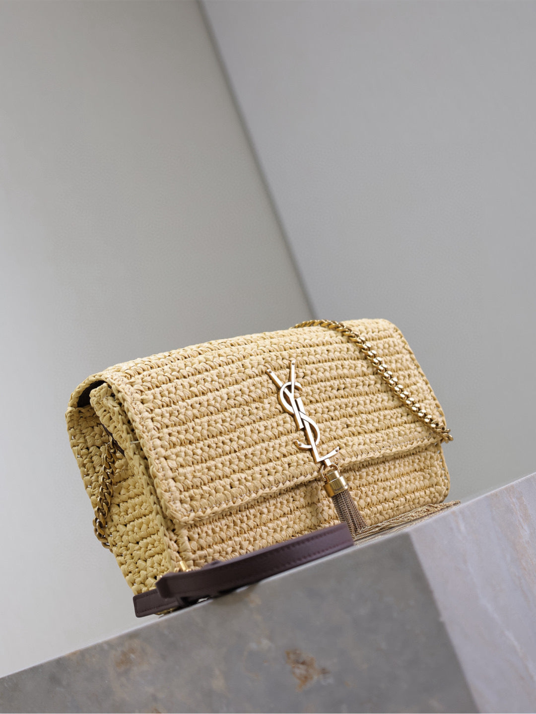 YSL KATE BAG CROSSBODY 26 IN BEIGE WOVEN RAFFIA GOLD HARDWARE