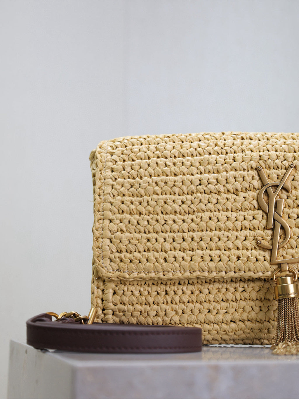 YSL KATE BAG CROSSBODY 26 IN BEIGE WOVEN RAFFIA GOLD HARDWARE