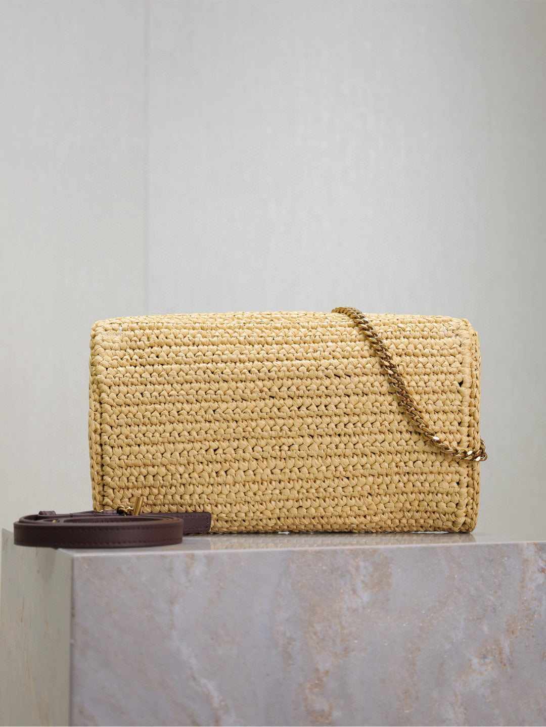 YSL KATE BAG CROSSBODY 26 IN BEIGE WOVEN RAFFIA GOLD HARDWARE