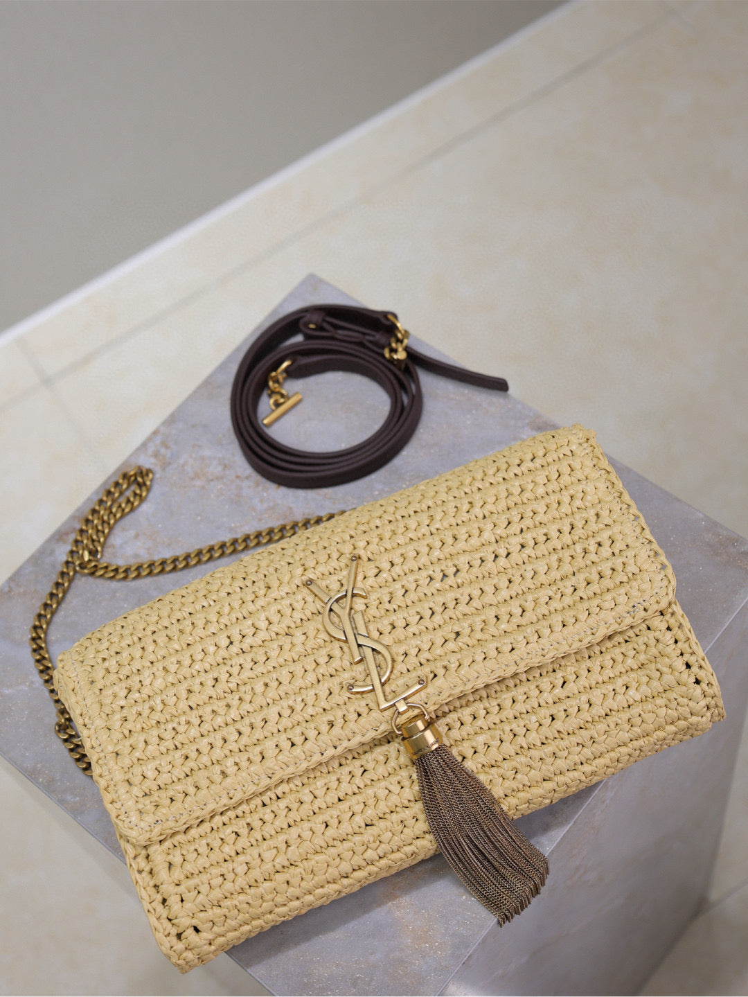 YSL KATE BAG CROSSBODY 26 IN BEIGE WOVEN RAFFIA GOLD HARDWARE
