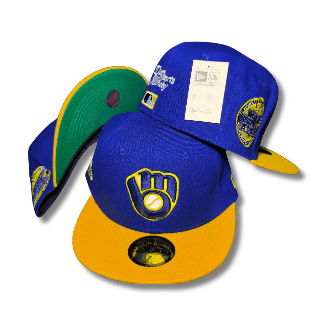 Milwaukee Brewers Royal Blue and Gold New Era 59FIFTY with Embroidered Side Patches and Green Undervisor - Fitted Cap