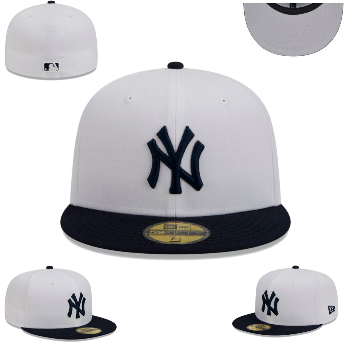 New York Yankees White and Navy Blue Fitted Hat with Embroidered Logo