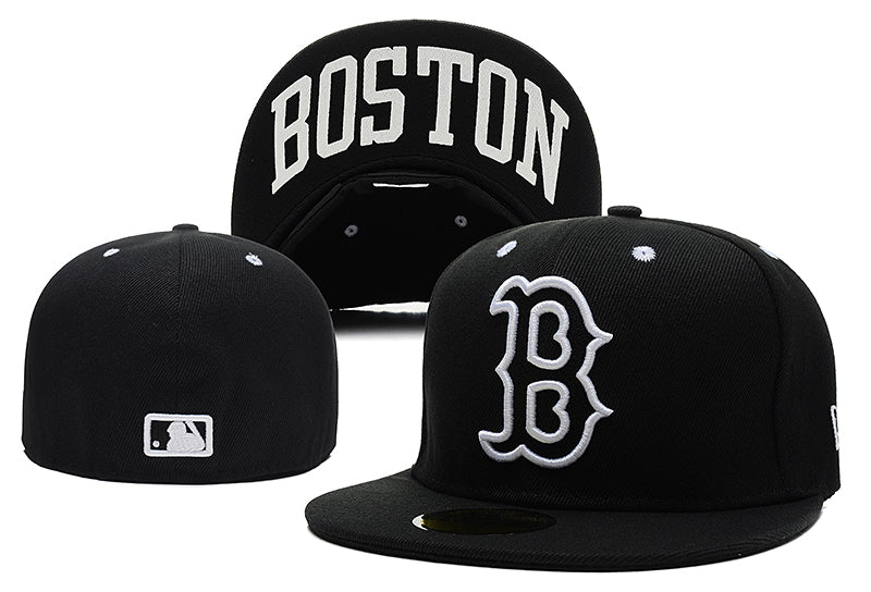 Boston Red Sox Black Fitted Hat with White “B” Logo and Undervisor Boston Lettering