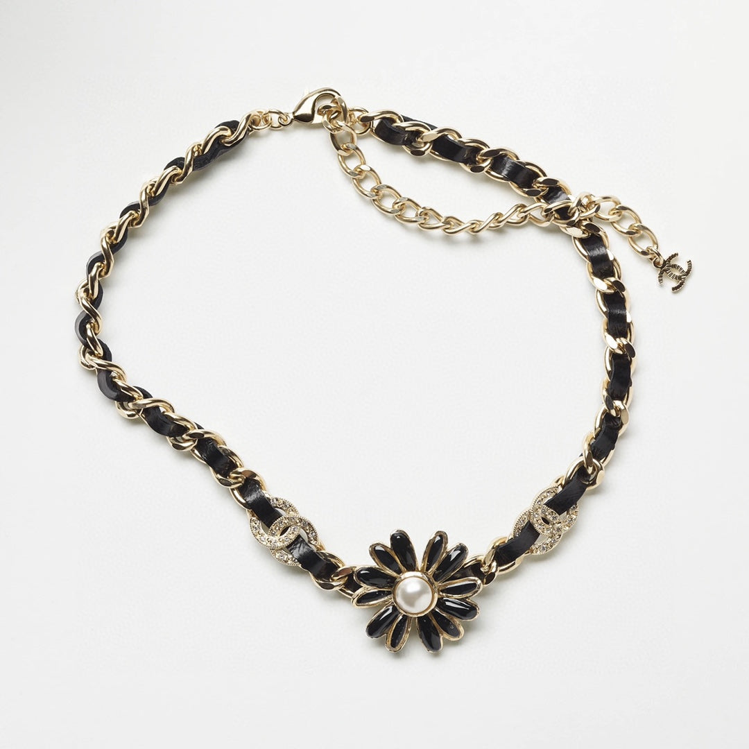 18K  Chanel Flower Leather Choker Necklace